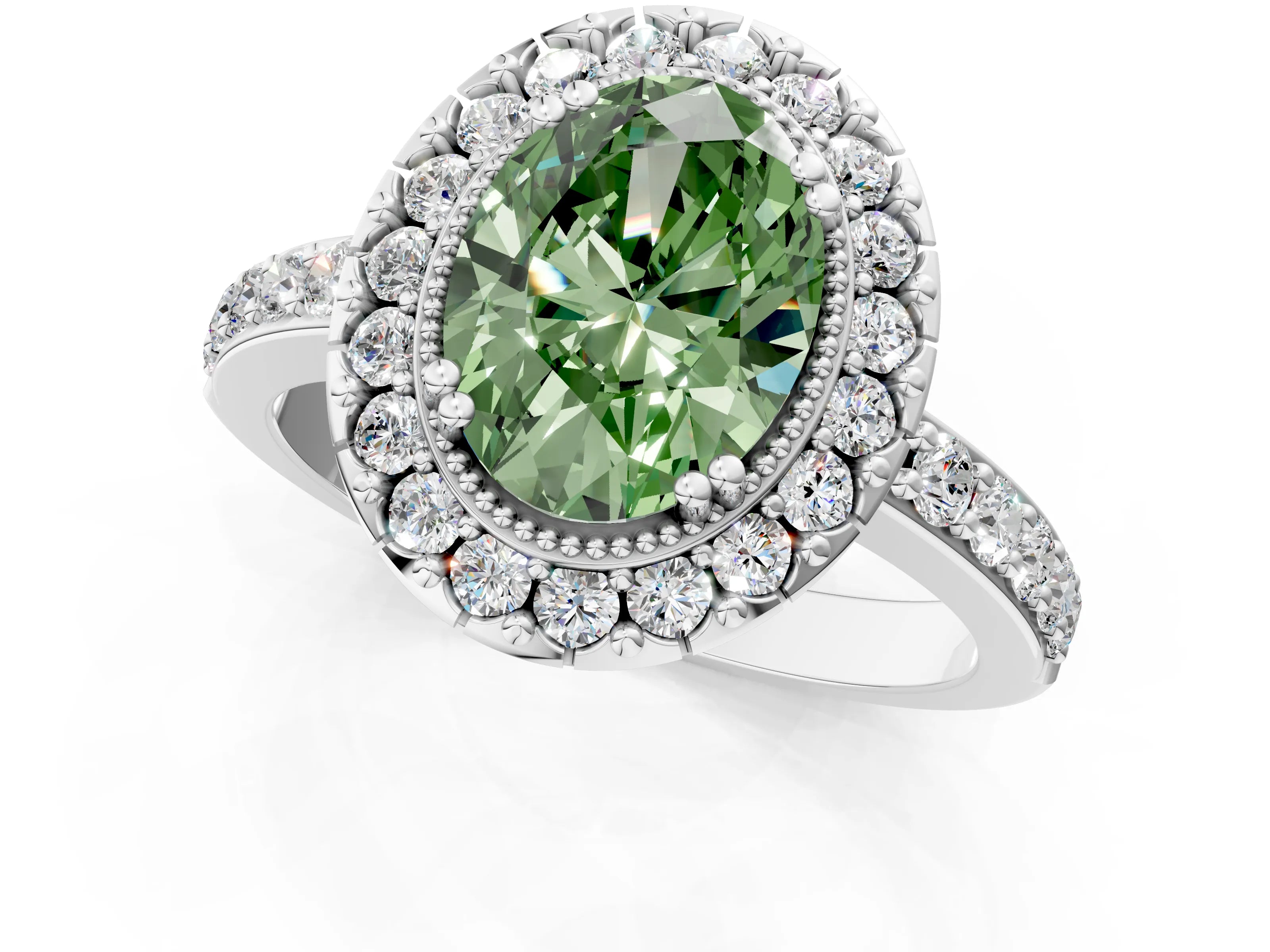 White gold Fancy Green Oval Cut Diamond Halo Ring with Pavé Band and Prong Setting_13