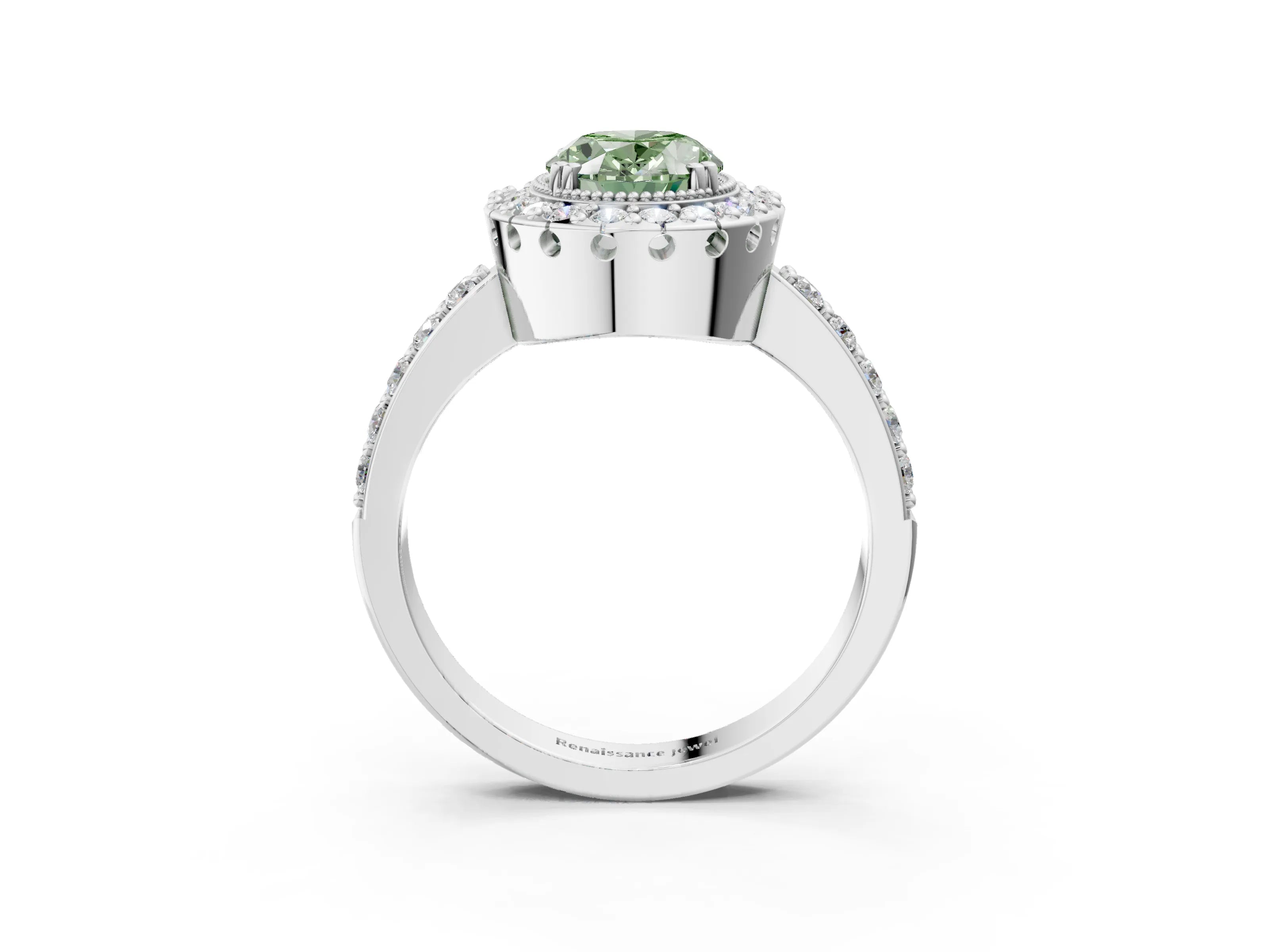 White gold Fancy Green Oval Cut Diamond Halo Ring with Pavé Band and Prong Setting_15