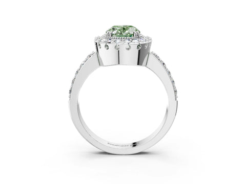 White gold Fancy Green Oval Cut Diamond Halo Ring with Pavé Band and Prong Setting_15