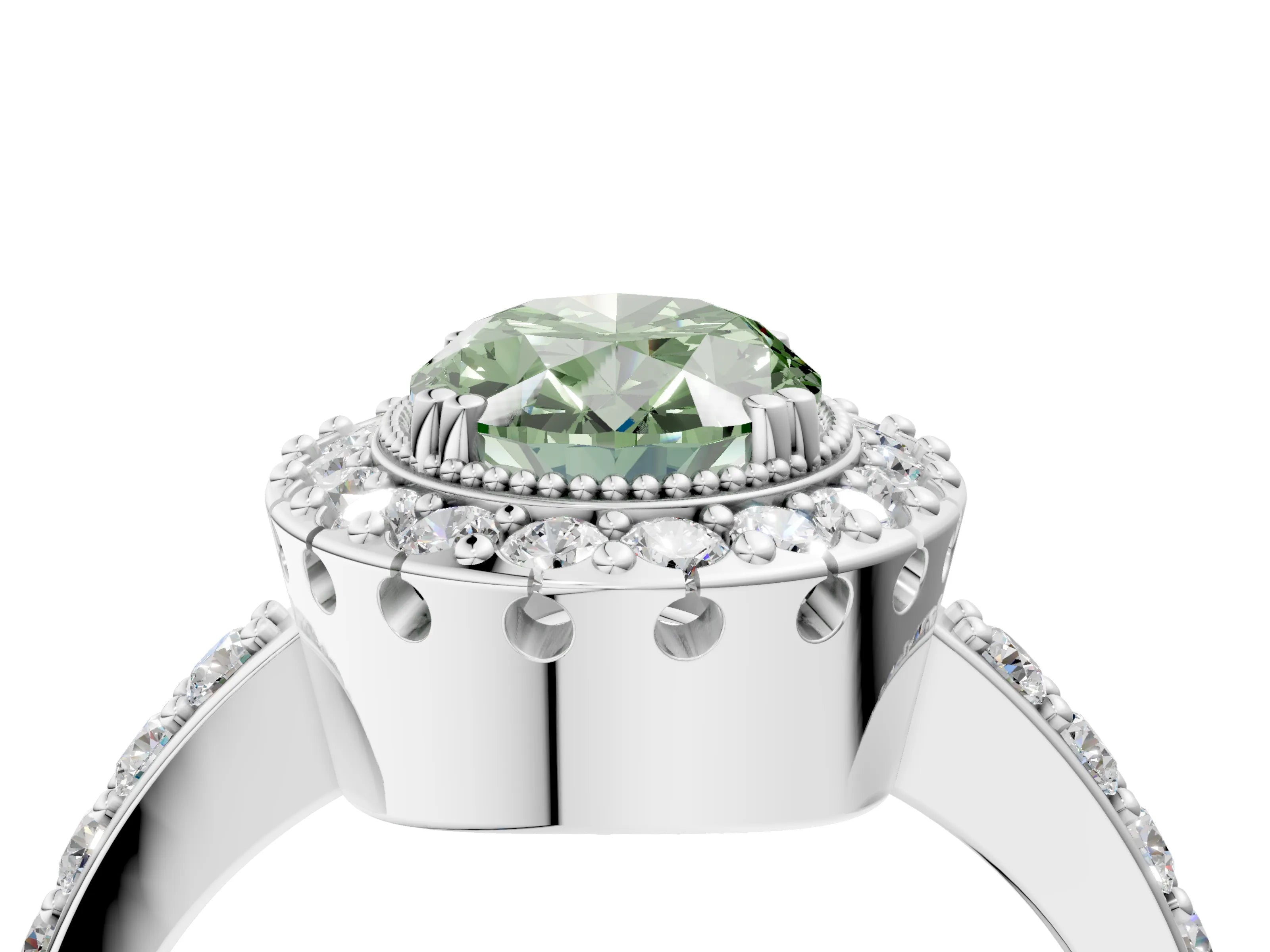 White gold Fancy Green Oval Cut Diamond Halo Ring with Pavé Band and Prong Setting_16