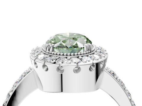 White gold Fancy Green Oval Cut Diamond Halo Ring with Pavé Band and Prong Setting_16