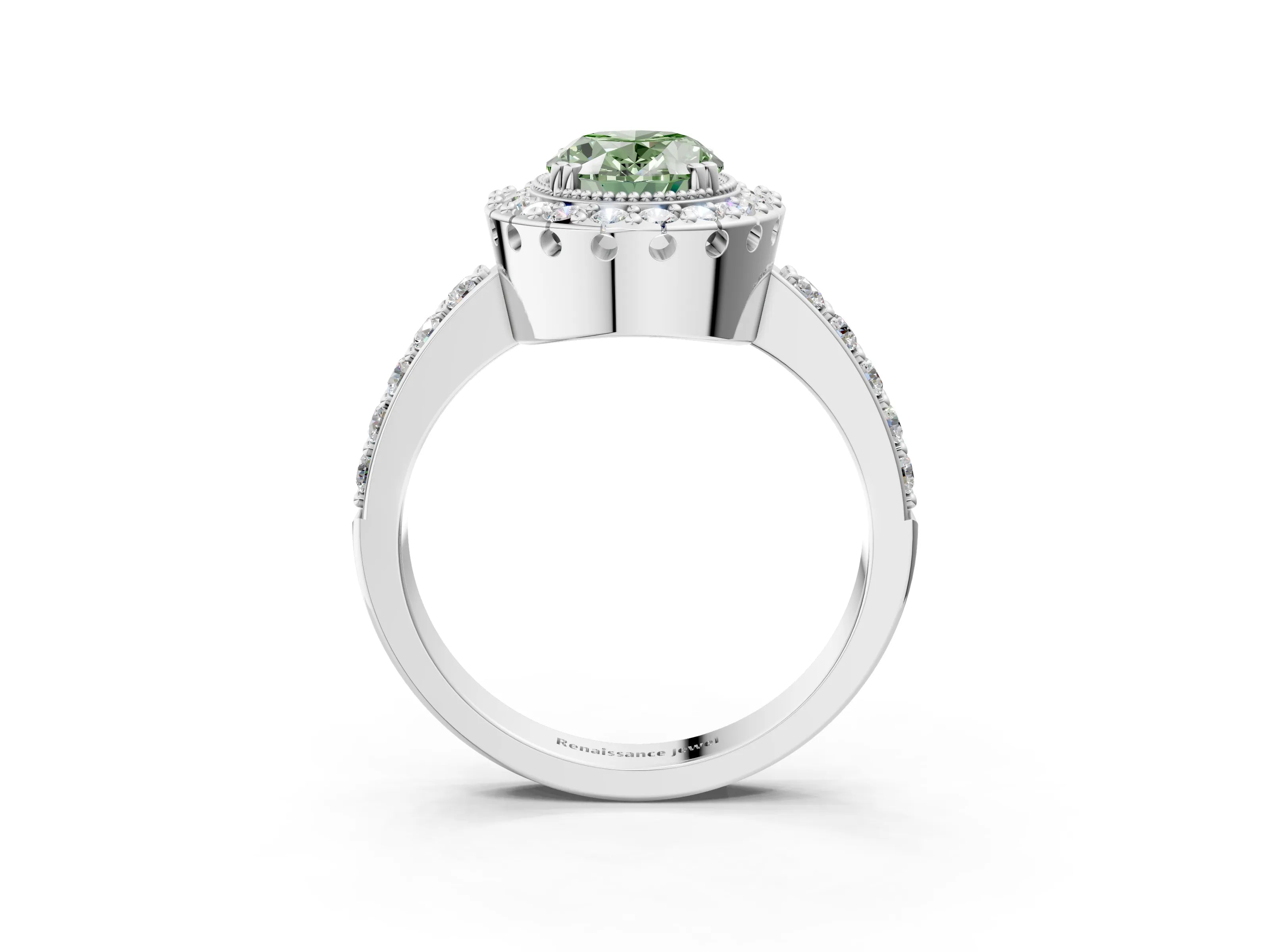 White gold Fancy Green Oval Cut Diamond Halo Ring with Pavé Band and Prong Setting_3