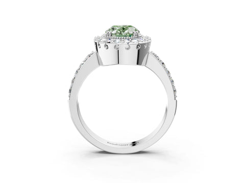 White gold Fancy Green Oval Cut Diamond Halo Ring with Pavé Band and Prong Setting_3