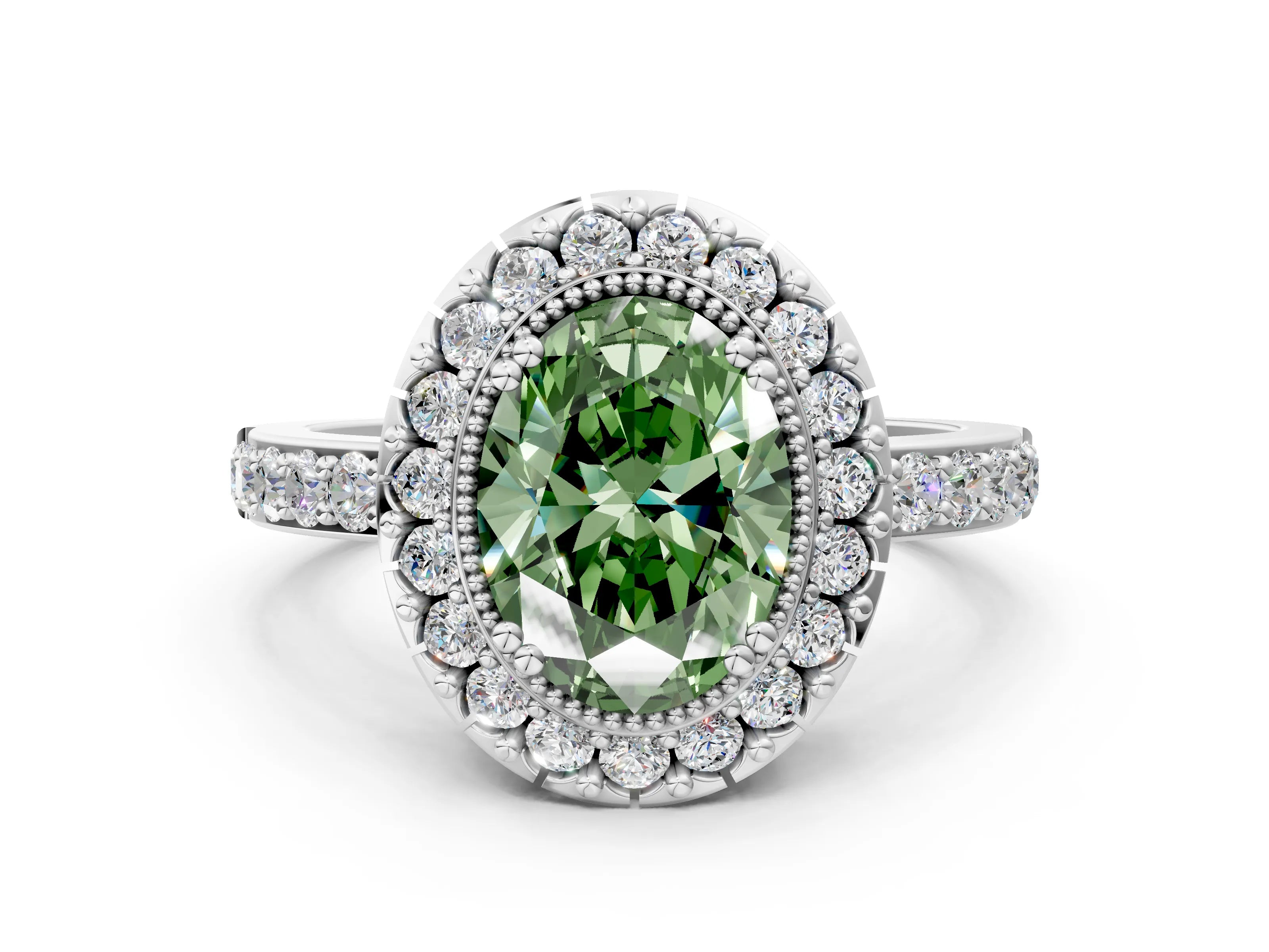 White gold Fancy Green Oval Cut Diamond Halo Ring with Pavé Band and Prong Setting