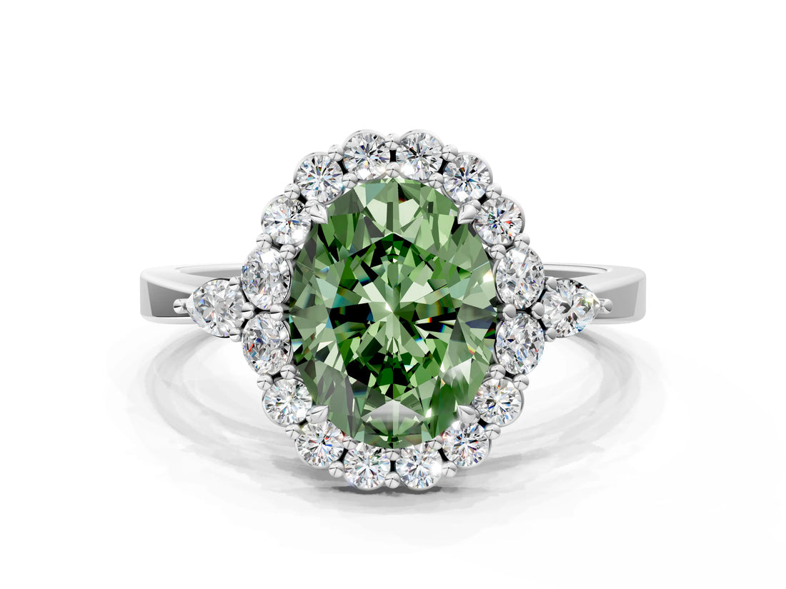 White gold Fancy Green Oval Cut Diamond Halo Ring with Pear Side Stones and Prong Setting_94