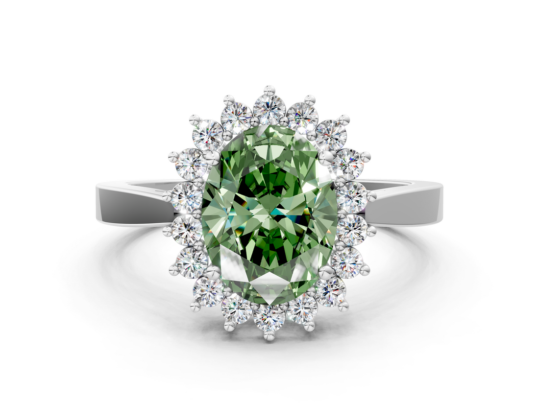 White gold Fancy Green Oval  Cut Diamond Halo Ring with Round Brilliant Halo and Solitaire Band_113
