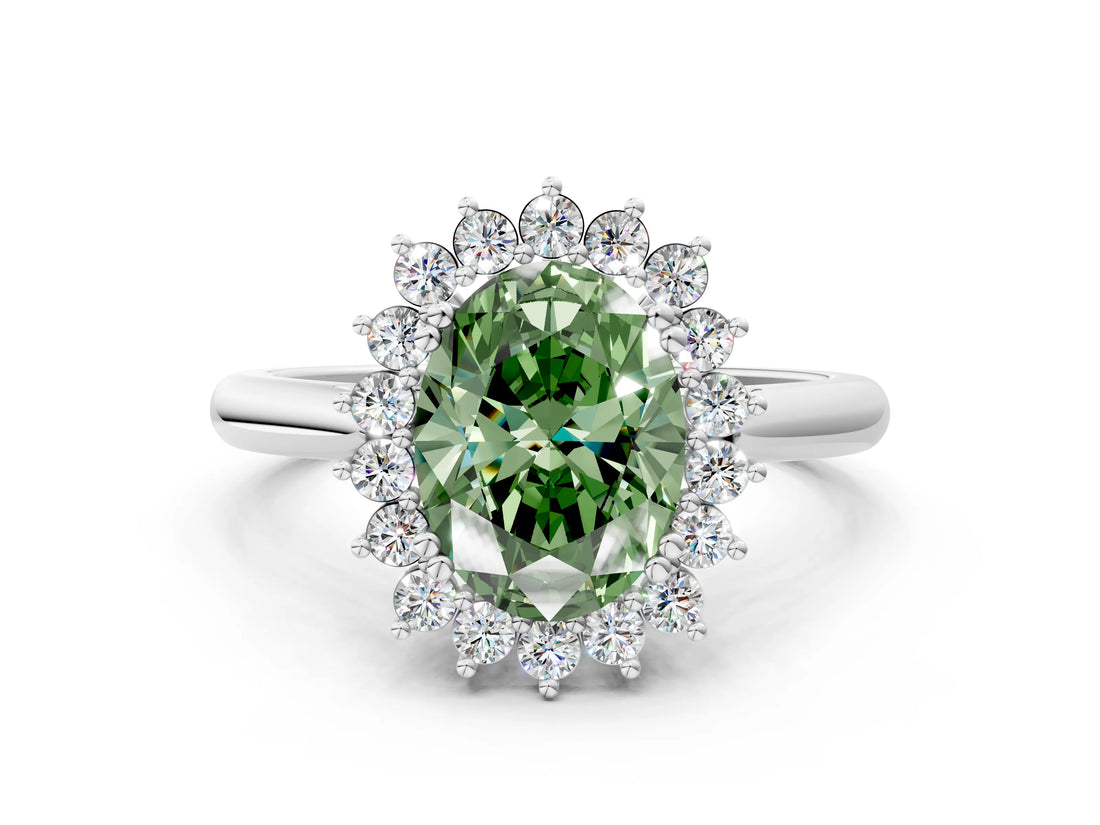 White gold Fancy Green Oval  Cut Diamond Halo Ring with Solitaire Band and Prong Setting_53