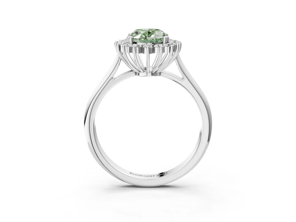 Platinum Fancy Green Oval  Cut Diamond Halo Ring with Solitaire Band and Prong Setting