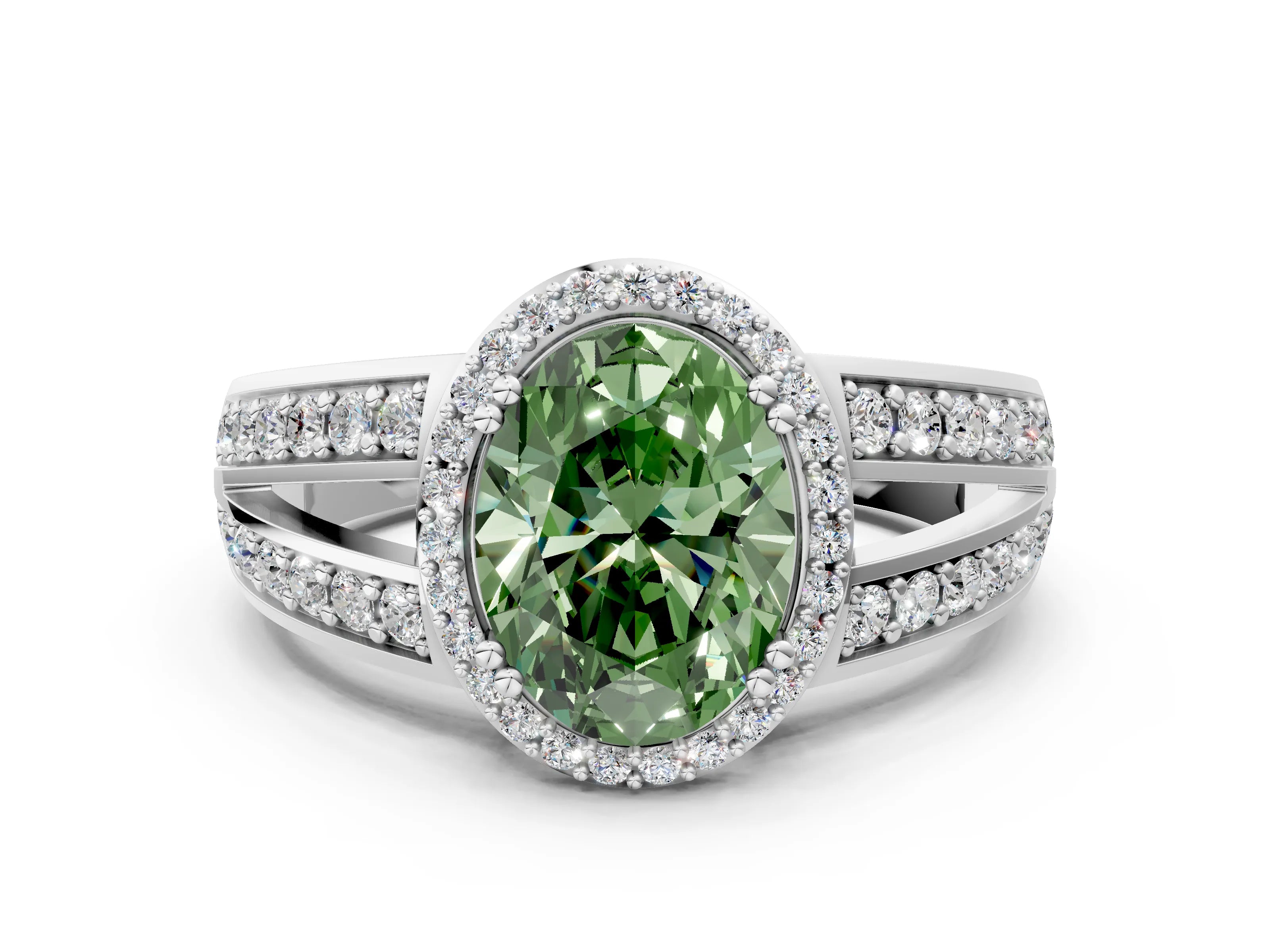 White gold Fancy Green Oval Cut Diamond Halo Ring with Split Shank Pavé Band and Four-Prong Setting_12