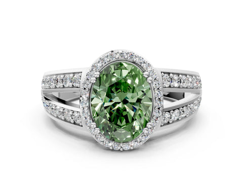 White gold Fancy Green Oval Cut Diamond Halo Ring with Split Shank Pavé Band and Four-Prong Setting_12