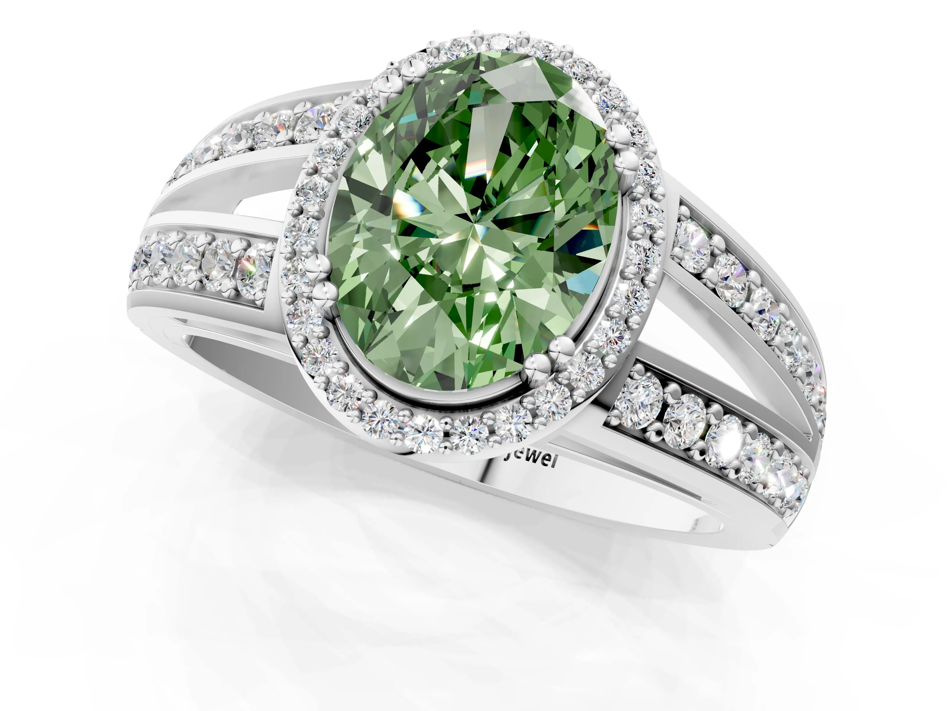 White gold Fancy Green Oval Cut Diamond Halo Ring with Split Shank Pavé Band and Four-Prong Setting_13