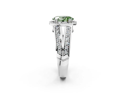 White gold Fancy Green Oval Cut Diamond Halo Ring with Split Shank Pavé Band and Four-Prong Setting_14