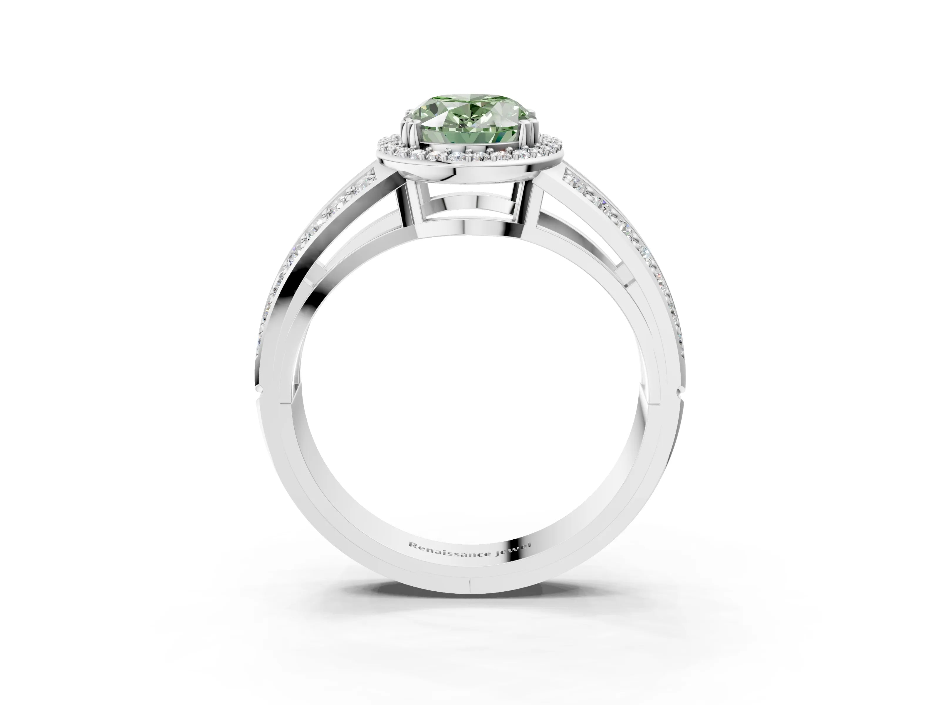 White gold Fancy Green Oval Cut Diamond Halo Ring with Split Shank Pavé Band and Four-Prong Setting_15