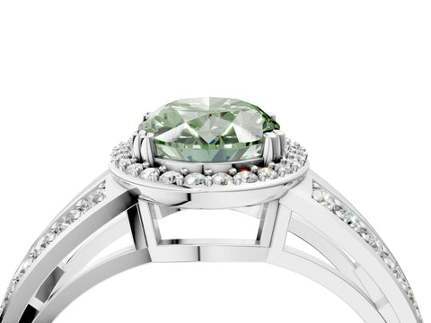 White gold Fancy Green Oval Cut Diamond Halo Ring with Split Shank Pavé Band and Four-Prong Setting_16