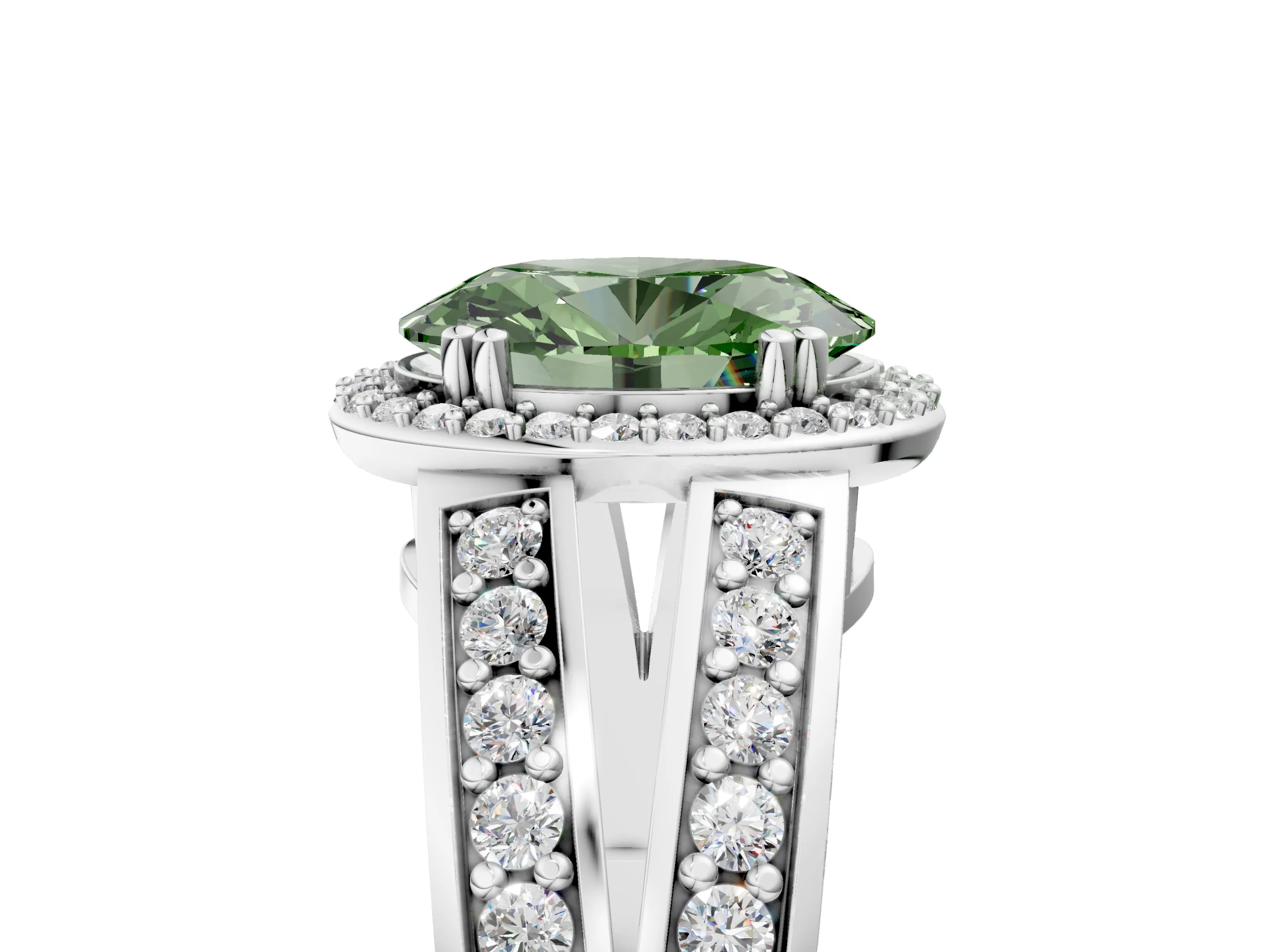 White gold Fancy Green Oval Cut Diamond Halo Ring with Split Shank Pavé Band and Four-Prong Setting_17