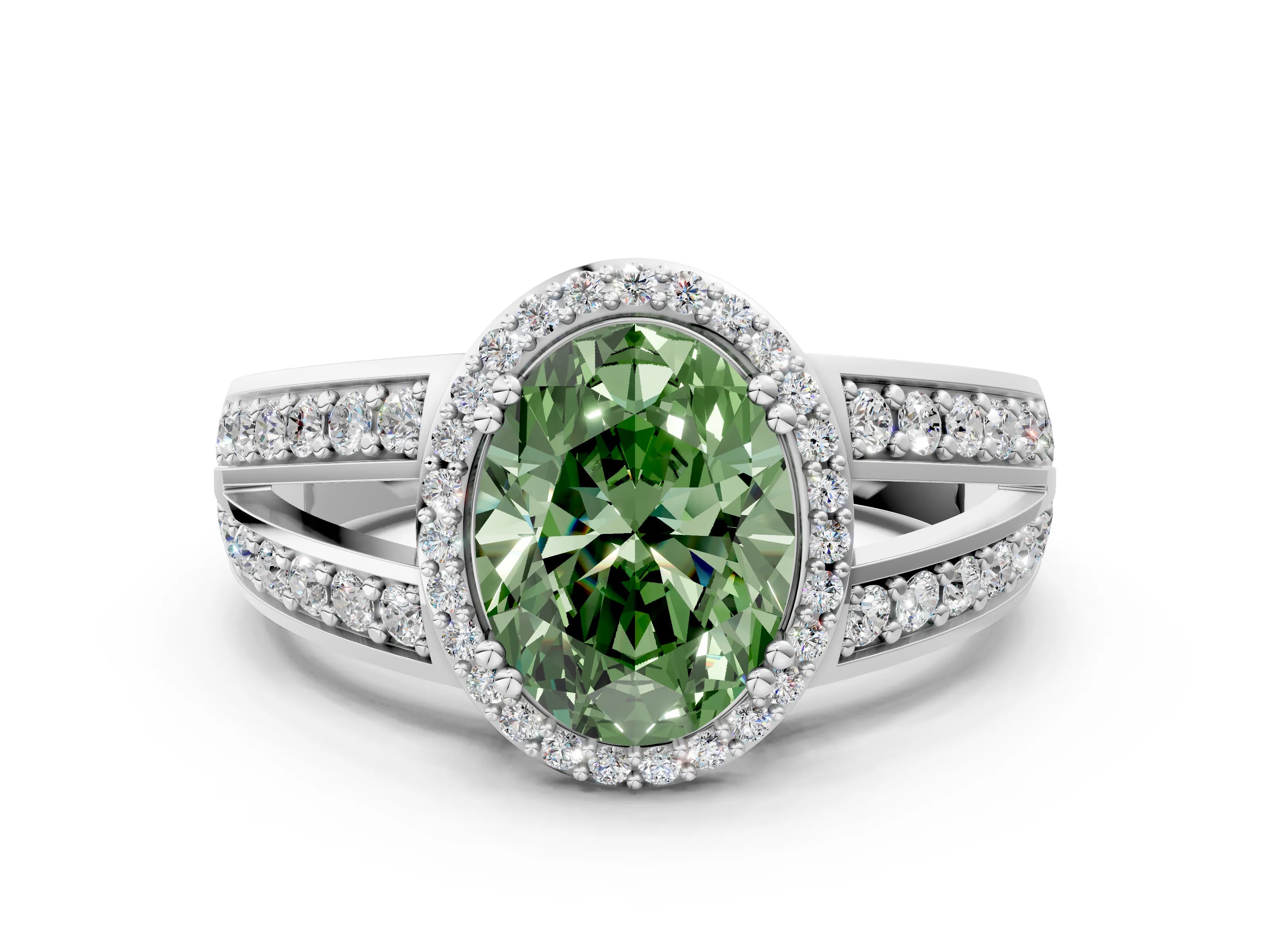 White gold Fancy Green Oval Cut Diamond Halo Ring with Split Shank Pavé Band and Four-Prong Setting_19