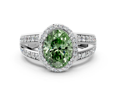 White gold Fancy Green Oval Cut Diamond Halo Ring with Split Shank Pavé Band and Four-Prong Setting_19