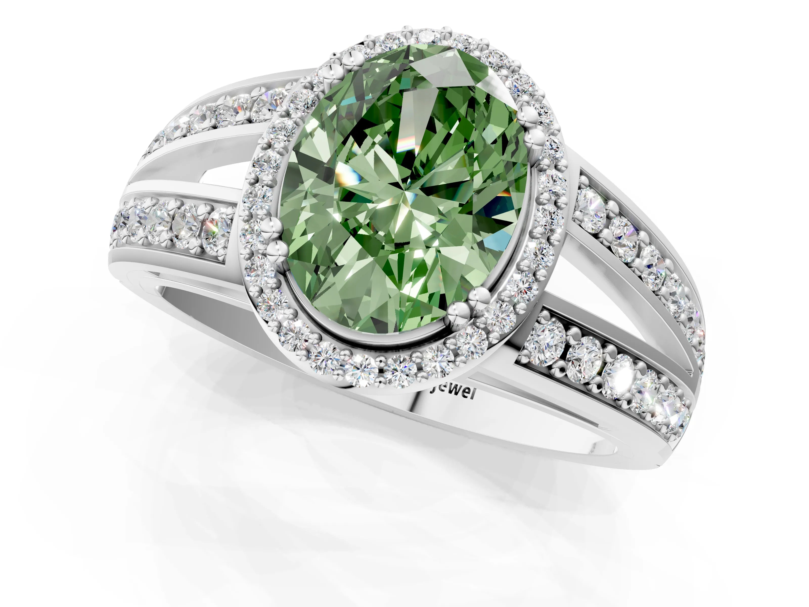 White gold Fancy Green Oval Cut Diamond Halo Ring with Split Shank Pavé Band and Four-Prong Setting_1