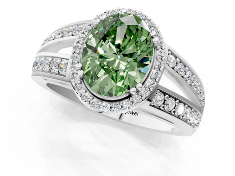 White gold Fancy Green Oval Cut Diamond Halo Ring with Split Shank Pavé Band and Four-Prong Setting_1