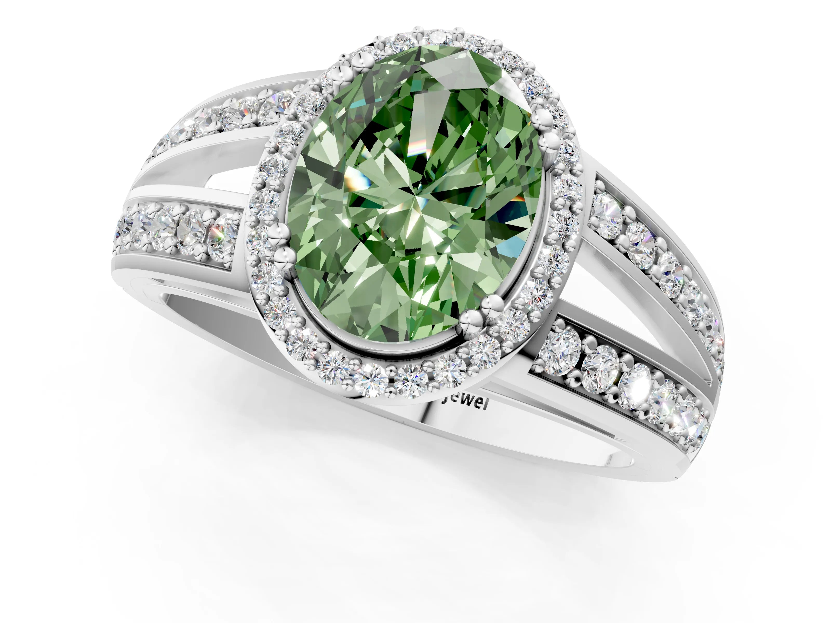 White gold Fancy Green Oval Cut Diamond Halo Ring with Split Shank Pavé Band and Four-Prong Setting_20