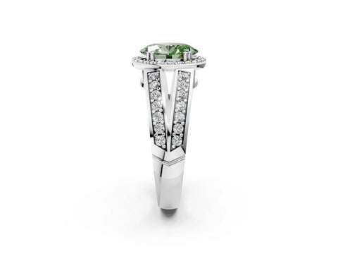 White gold Fancy Green Oval Cut Diamond Halo Ring with Split Shank Pavé Band and Four-Prong Setting_21