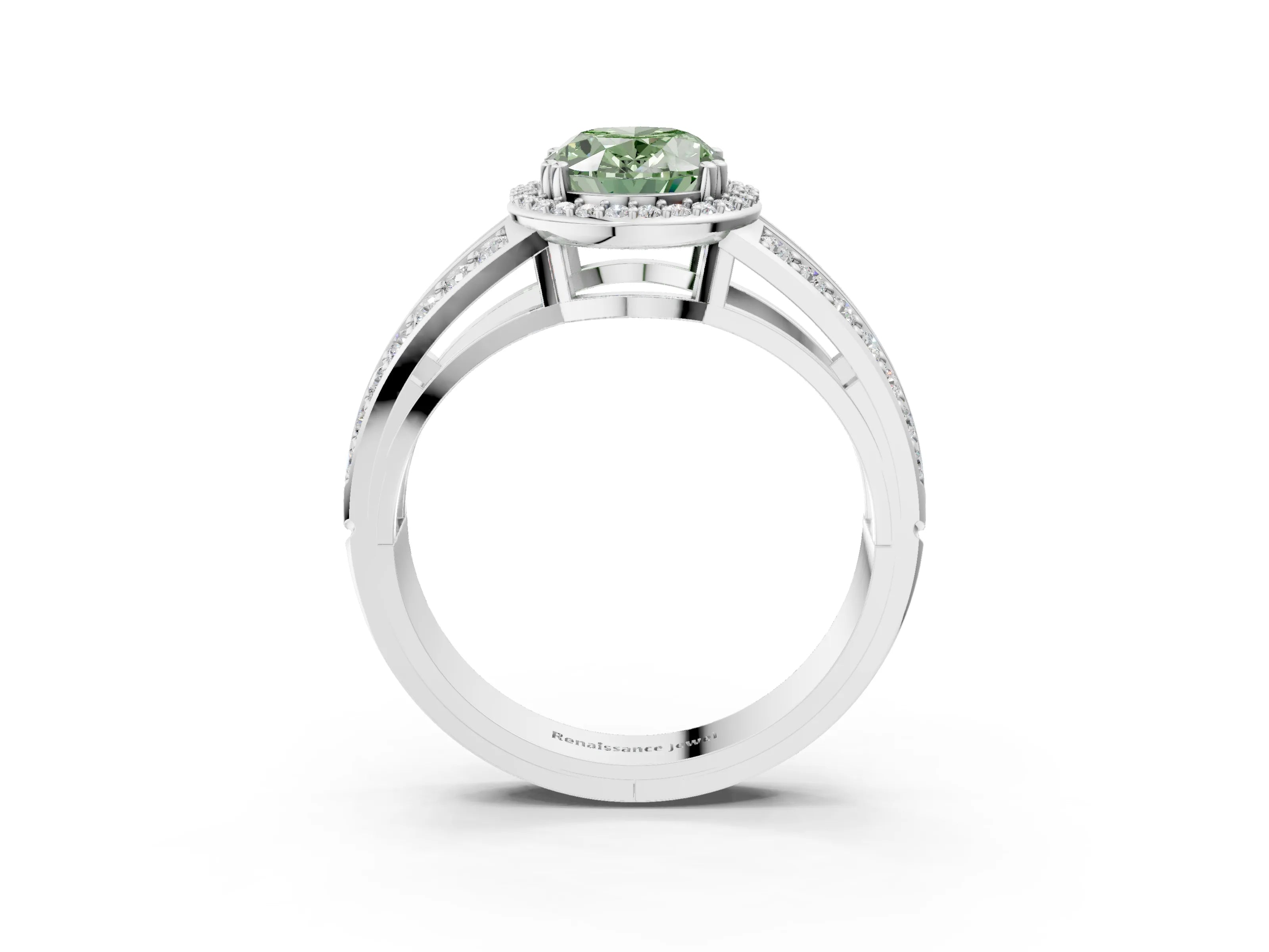 White gold Fancy Green Oval Cut Diamond Halo Ring with Split Shank Pavé Band and Four-Prong Setting_22