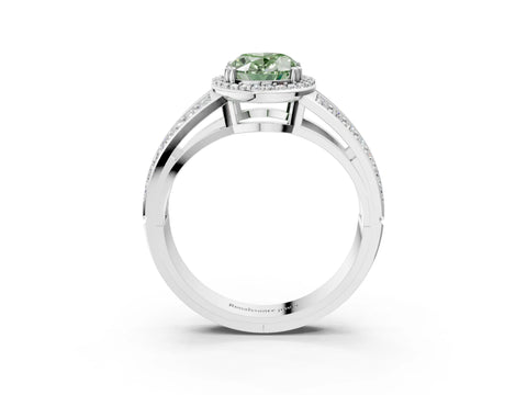 White gold Fancy Green Oval Cut Diamond Halo Ring with Split Shank Pavé Band and Four-Prong Setting_22