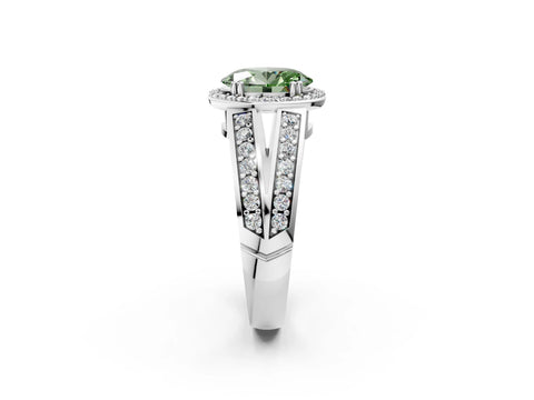 White gold Fancy Green Oval Cut Diamond Halo Ring with Split Shank Pavé Band and Four-Prong Setting_2