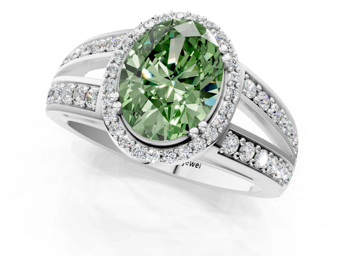 White gold Fancy Green Oval Cut Diamond Halo Ring with Split Shank Pavé Band and Four-Prong Setting_31