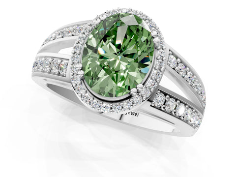 White gold Fancy Green Oval Cut Diamond Halo Ring with Split Shank Pavé Band and Four-Prong Setting_38