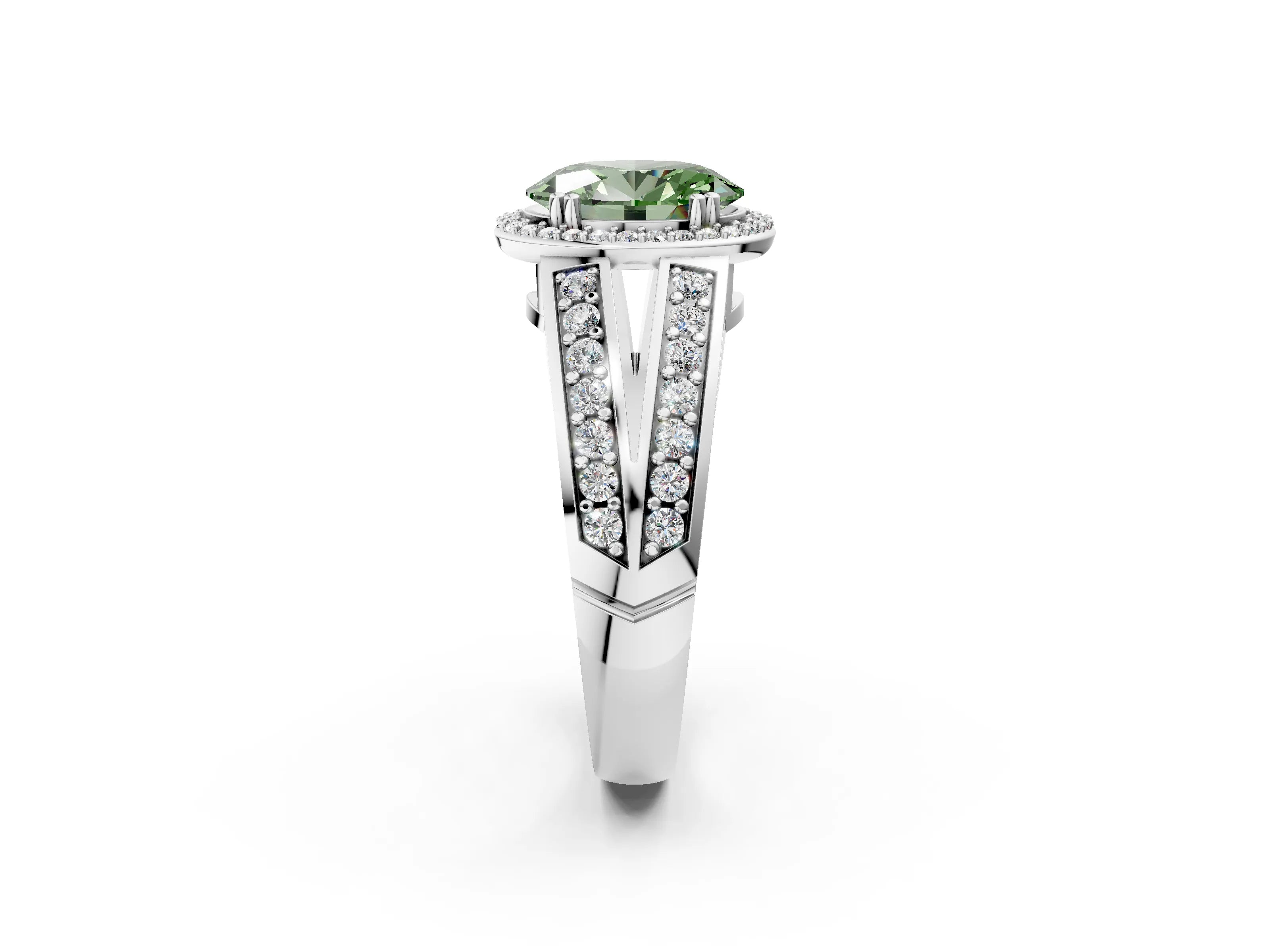 White gold Fancy Green Oval Cut Diamond Halo Ring with Split Shank Pavé Band and Four-Prong Setting_39