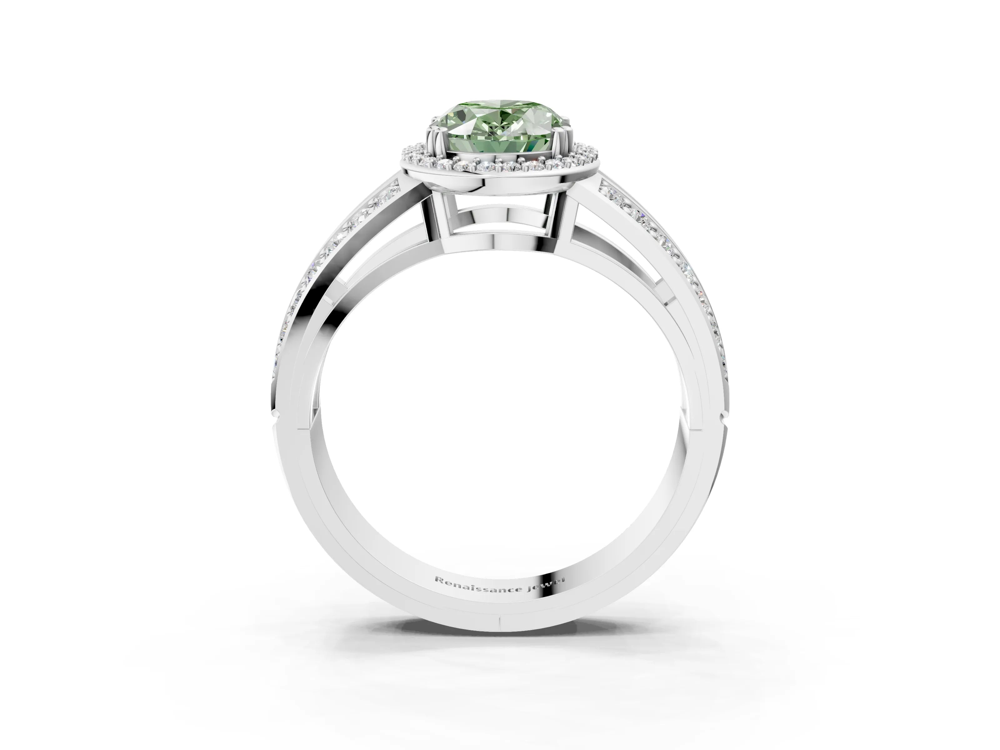 White gold Fancy Green Oval Cut Diamond Halo Ring with Split Shank Pavé Band and Four-Prong Setting_40