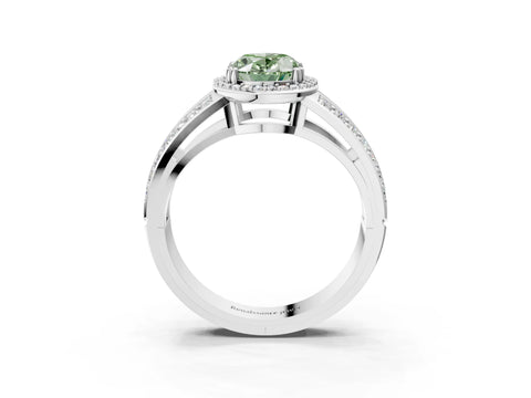 White gold Fancy Green Oval Cut Diamond Halo Ring with Split Shank Pavé Band and Four-Prong Setting_40