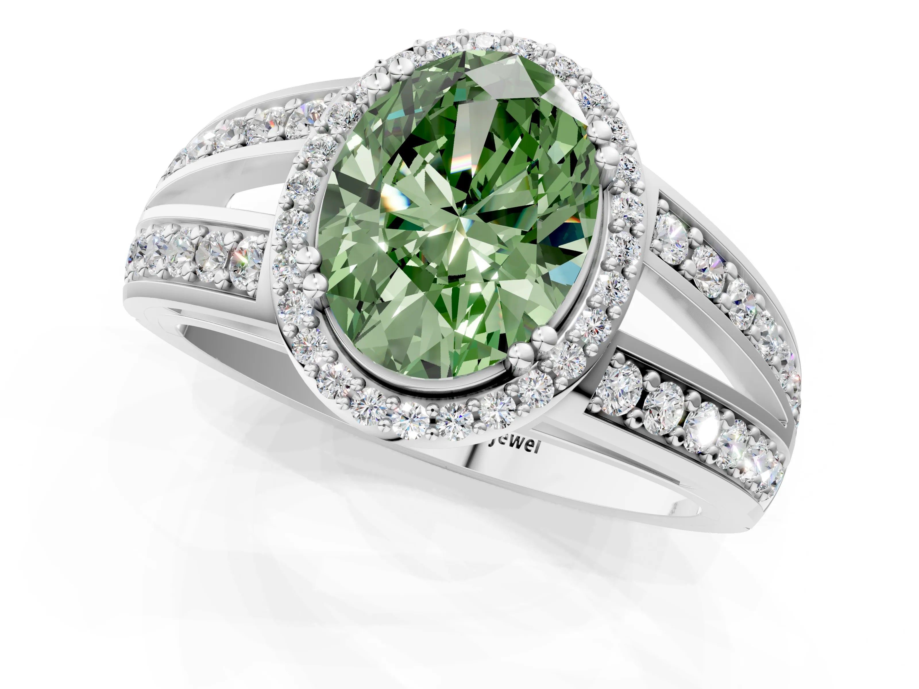 White gold Fancy Green Oval Cut Diamond Halo Ring with Split Shank Pavé Band and Four-Prong Setting_48
