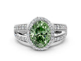 White gold Fancy Green Oval Cut Diamond Halo Ring with Split Shank Pavé Band and Four-Prong Setting_59