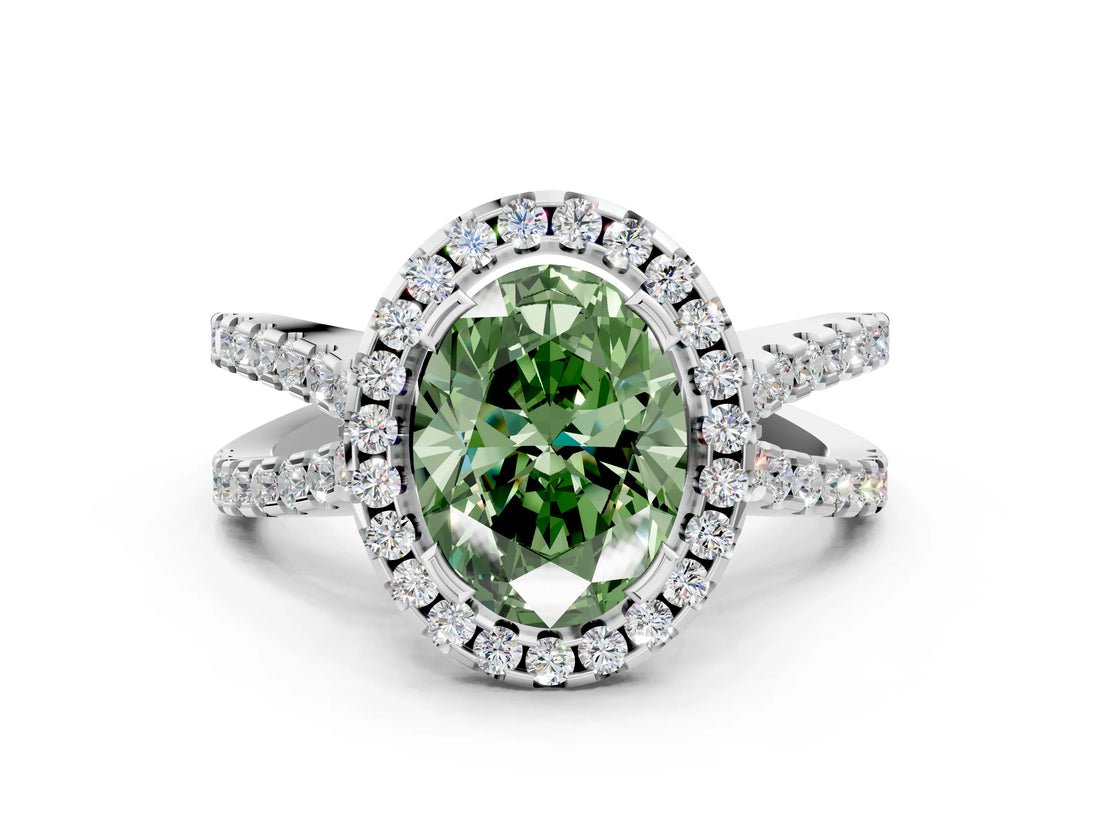 White gold Fancy Green Oval Cut Diamond Halo Ring with Split Shank Pavé Band and Prong Setting_76