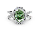 White gold Fancy Green Oval Cut Diamond Halo Ring with Split Shank Pavé Band and Prong Setting_79