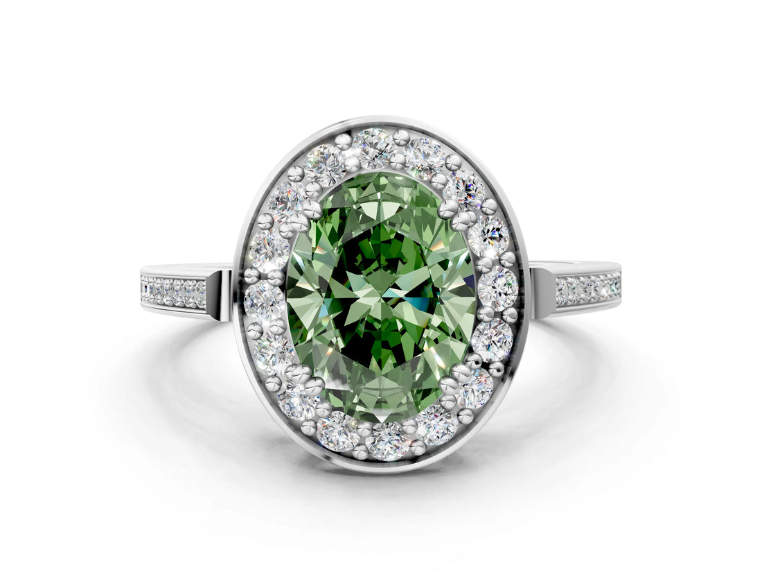 White gold Fancy Green Oval Cut Diamond Halo Ring with Split Shank and Four-Prong Setting_62