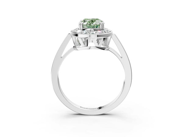 White gold Fancy Green Oval Cut Diamond Halo Ring with Split Shank and Four-Prong Setting