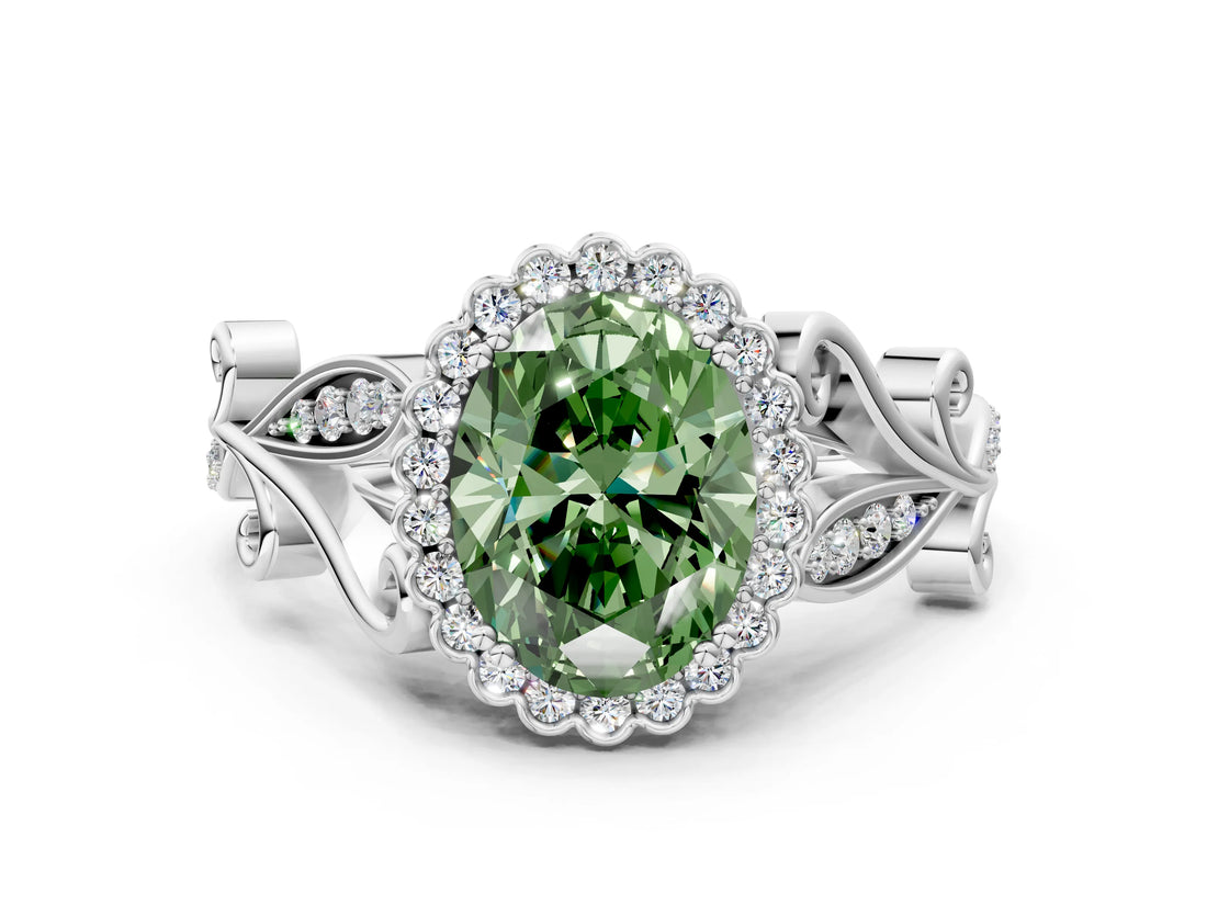 White gold Fancy Green Oval Cut Diamond Halo Ring with Vintage Split Shank and Four-Prong Setting_95
