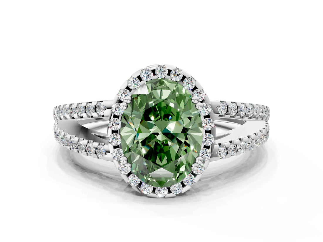 White gold Fancy Green Oval Cut Diamond Halo Split Shank Engagement Ring_98