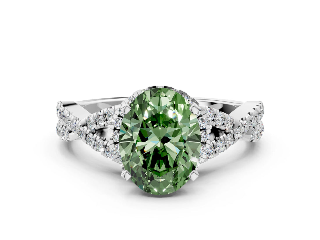 White gold Fancy Green Oval Cut Diamond  Halo Twist Band Solitaire Prong Setting Ring_12