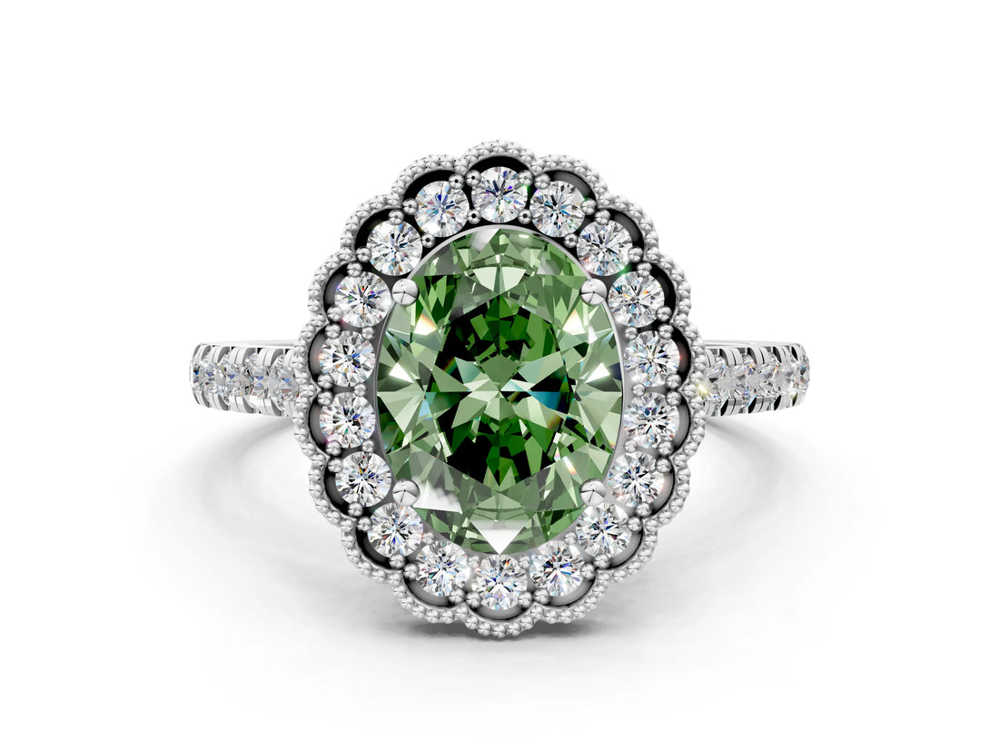 White gold Fancy Green Oval  Cut Diamond Milgrain Floral Halo Engagement Ring with Pavé Band_15