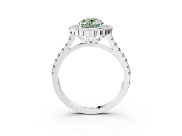 White gold Fancy Green Oval  Cut Diamond Milgrain Floral Halo Engagement Ring with Pavé Band
