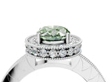 White gold Fancy Green Oval Cut Diamond Milgrain Halo Engagement Ring with Round Pavé Band and Prong Setting_16