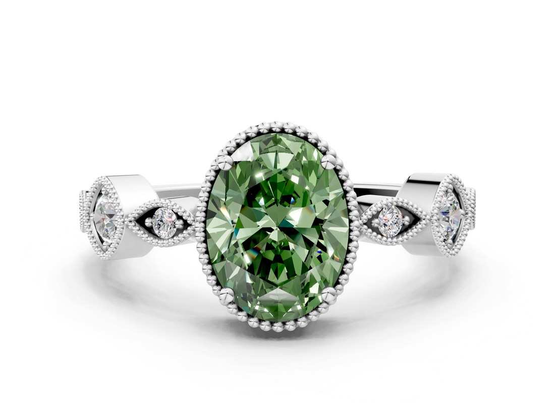 White gold Fancy Green Oval  Cut Diamond Milgrain Marquise Band with Prong Setting_3