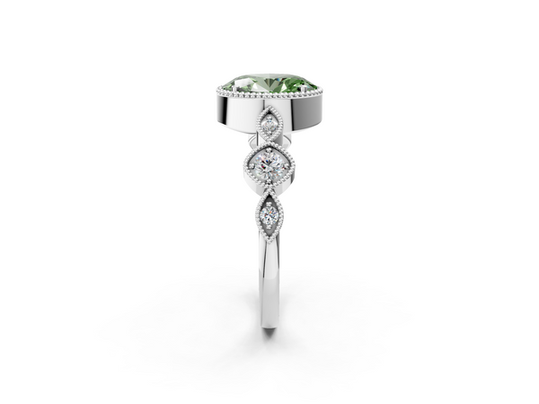 Platinum Fancy Green Oval  Cut Diamond Milgrain Marquise Band with Prong Setting