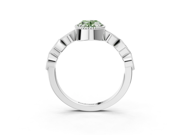 Platinum Fancy Green Oval  Cut Diamond Milgrain Marquise Band with Prong Setting