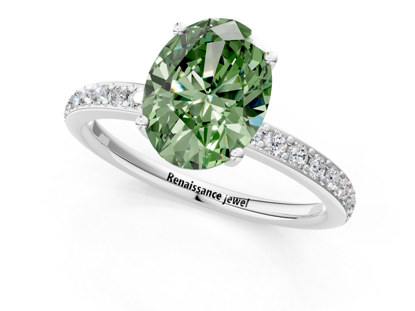 Platinum Fancy Green Oval  Cut Diamond Pavé Band Ring with Four-Prong Setting