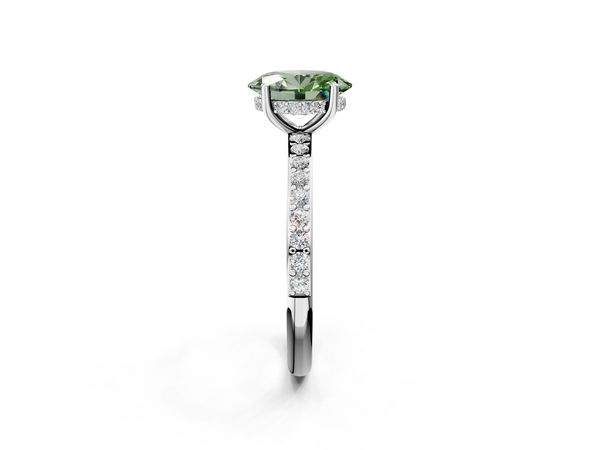 Platinum Fancy Green Oval  Cut Diamond Pavé Band Ring with Four-Prong Setting